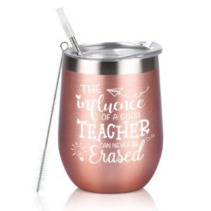 qtencas teacher gifts, the influence of a good teacher is never erased teacher wine tumbler, teacher gifts for teacher, teacher appreciation gift, 12 oz insulated stainless steel tumbler, rose gold