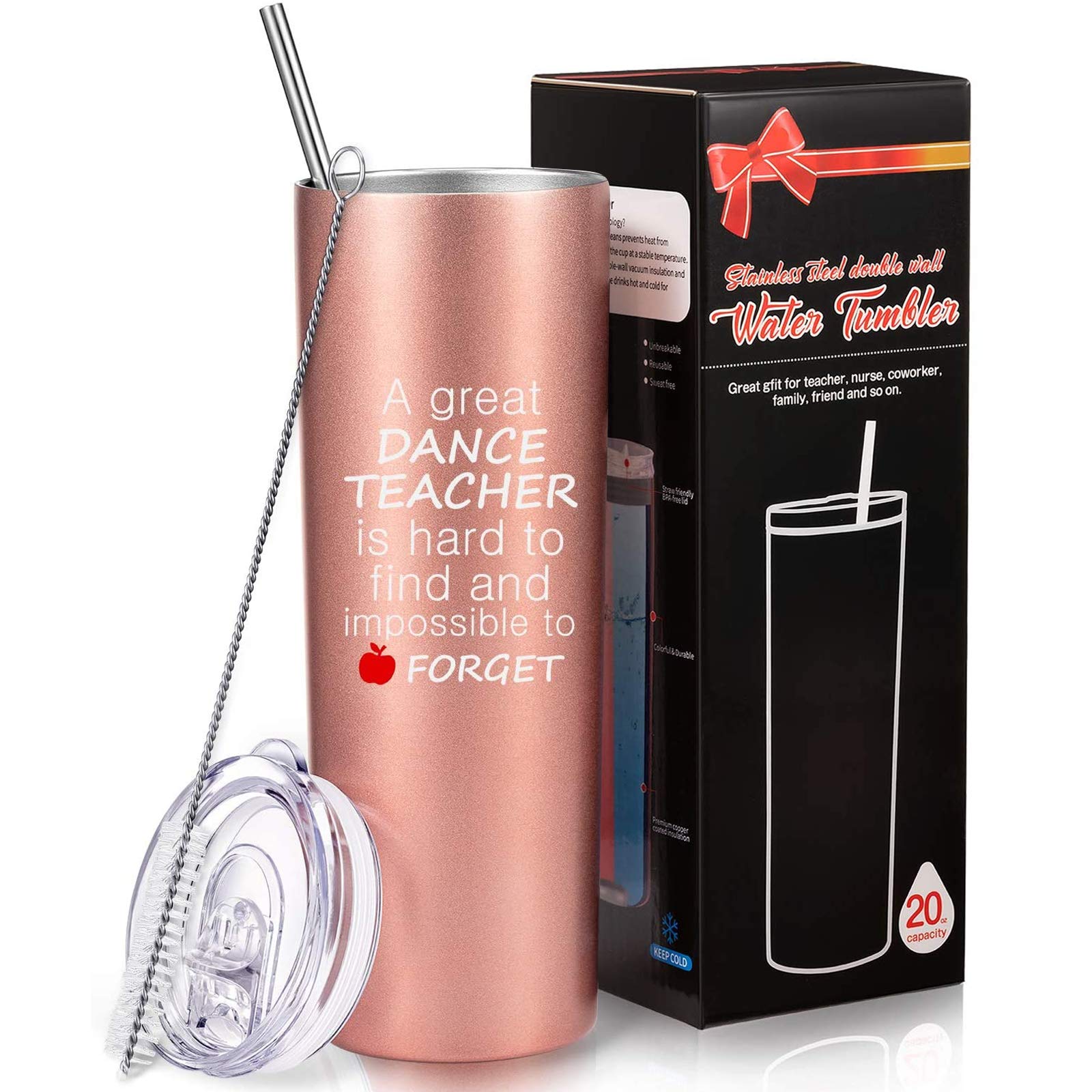 Dance Teacher Appreciation Gift for Women, Vacuum Travel Mug Dancing Gift for Teacher and Instructor, 20 oz Stainless Steel Travel Water Tumbler with Straw and Cleaning Brush