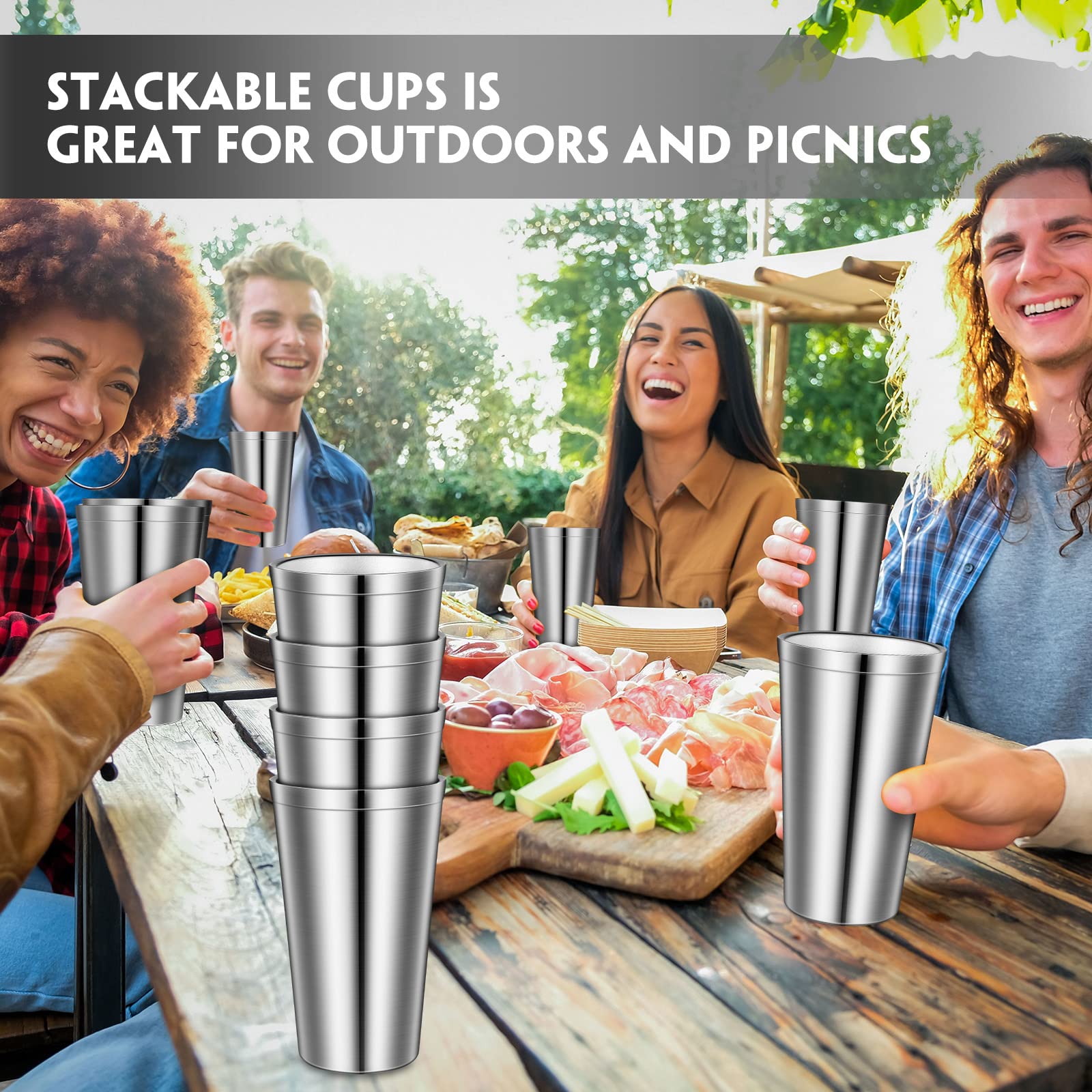 8 Pack Stainless Steel Cups 16 Oz, Double Wall Vacuum Pint Cup Tumbler, Stackable Metal Cups Unbreakable Drinking Glasses for Home and Outdoor