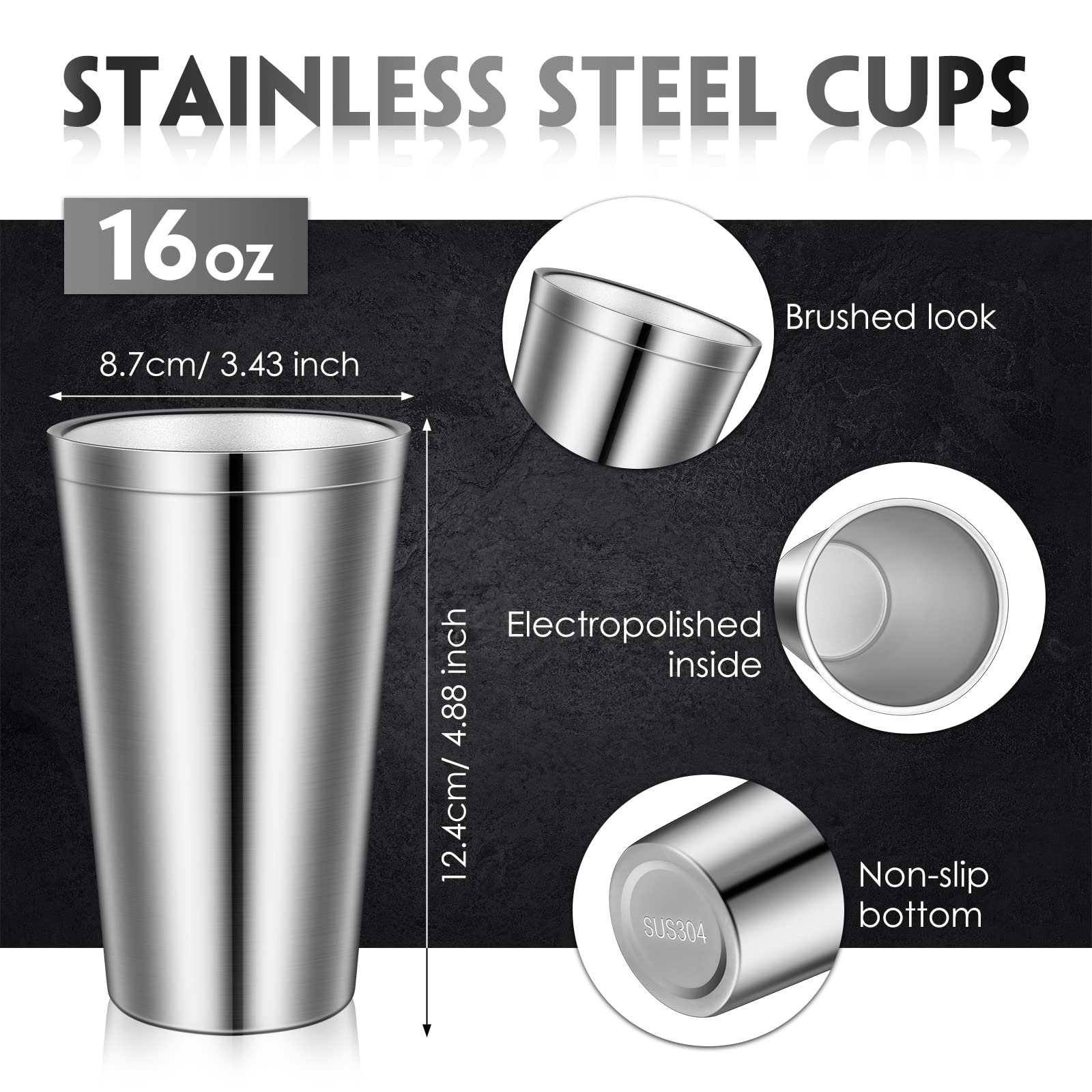 8 Pack Stainless Steel Cups 16 Oz, Double Wall Vacuum Pint Cup Tumbler, Stackable Metal Cups Unbreakable Drinking Glasses for Home and Outdoor