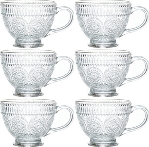 kingrol glass coffee mugs with handles, 6 pack 12.5 ounces embossed tea cups, vintage drinking glassware for water, milk, latte, cappuccino, dessert, beverage
