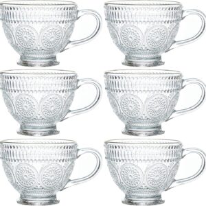 Kingrol Glass Coffee Mugs with Handles, 6 Pack 12.5 Ounces Embossed Tea Cups, Vintage Drinking Glassware for Water, Milk, Latte, Cappuccino, Dessert, Beverage