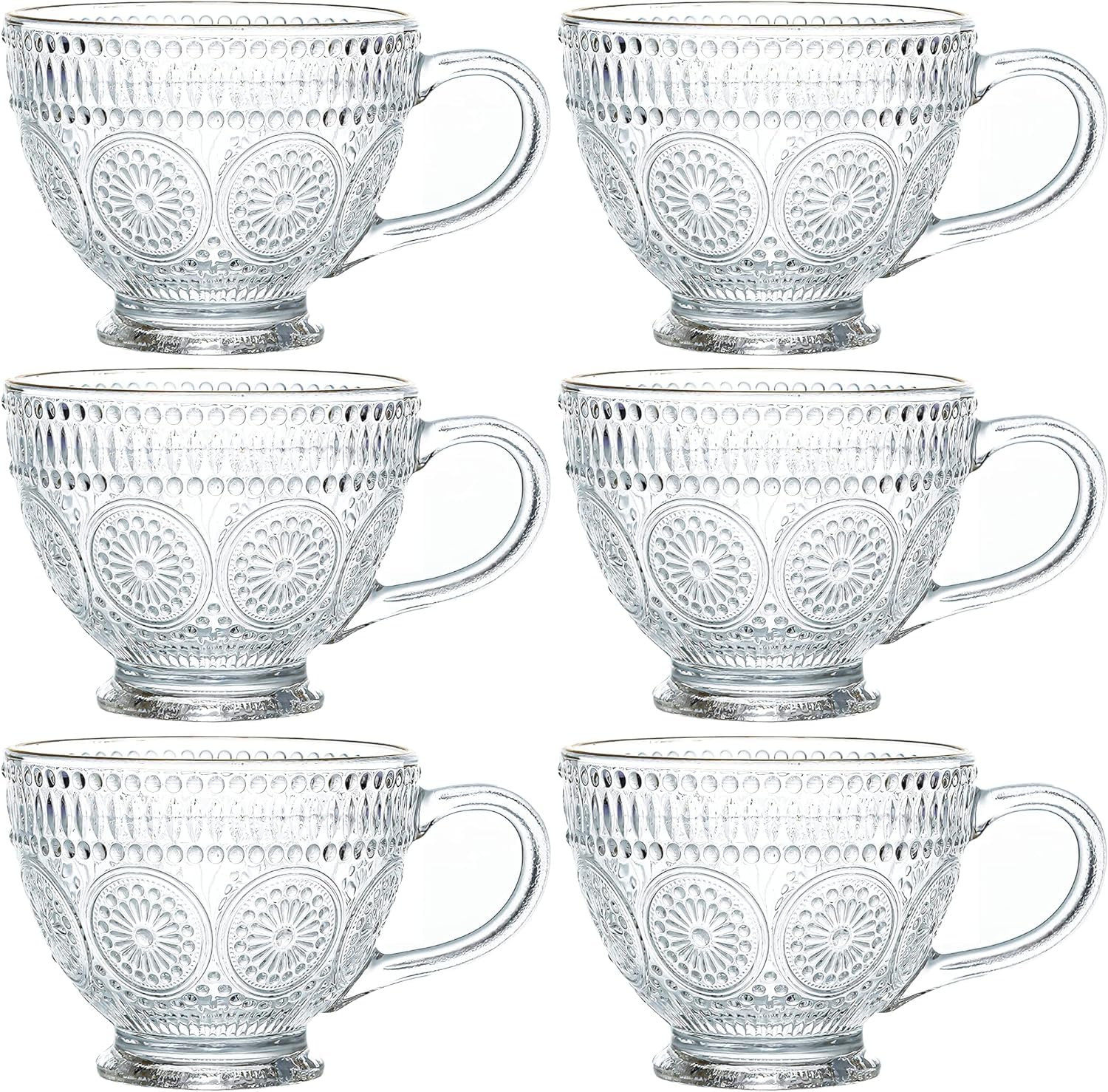 Kingrol Glass Coffee Mugs with Handles, 6 Pack 12.5 Ounces Embossed Tea Cups, Vintage Drinking Glassware for Water, Milk, Latte, Cappuccino, Dessert, Beverage