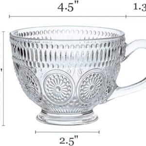 Kingrol Glass Coffee Mugs with Handles, 6 Pack 12.5 Ounces Embossed Tea Cups, Vintage Drinking Glassware for Water, Milk, Latte, Cappuccino, Dessert, Beverage