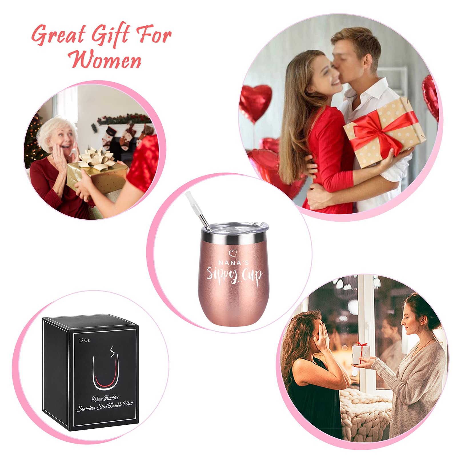 Nana Gifts, Nana's Sippy Cup Wine Tumbler with Lid, Christmas Mothers Day Gifts for Grandma Nana Grandmother New Nana Mimi Women Birthday, Insulated Stainless Steel Stemless Tumbler (12Oz, Rose Gold)