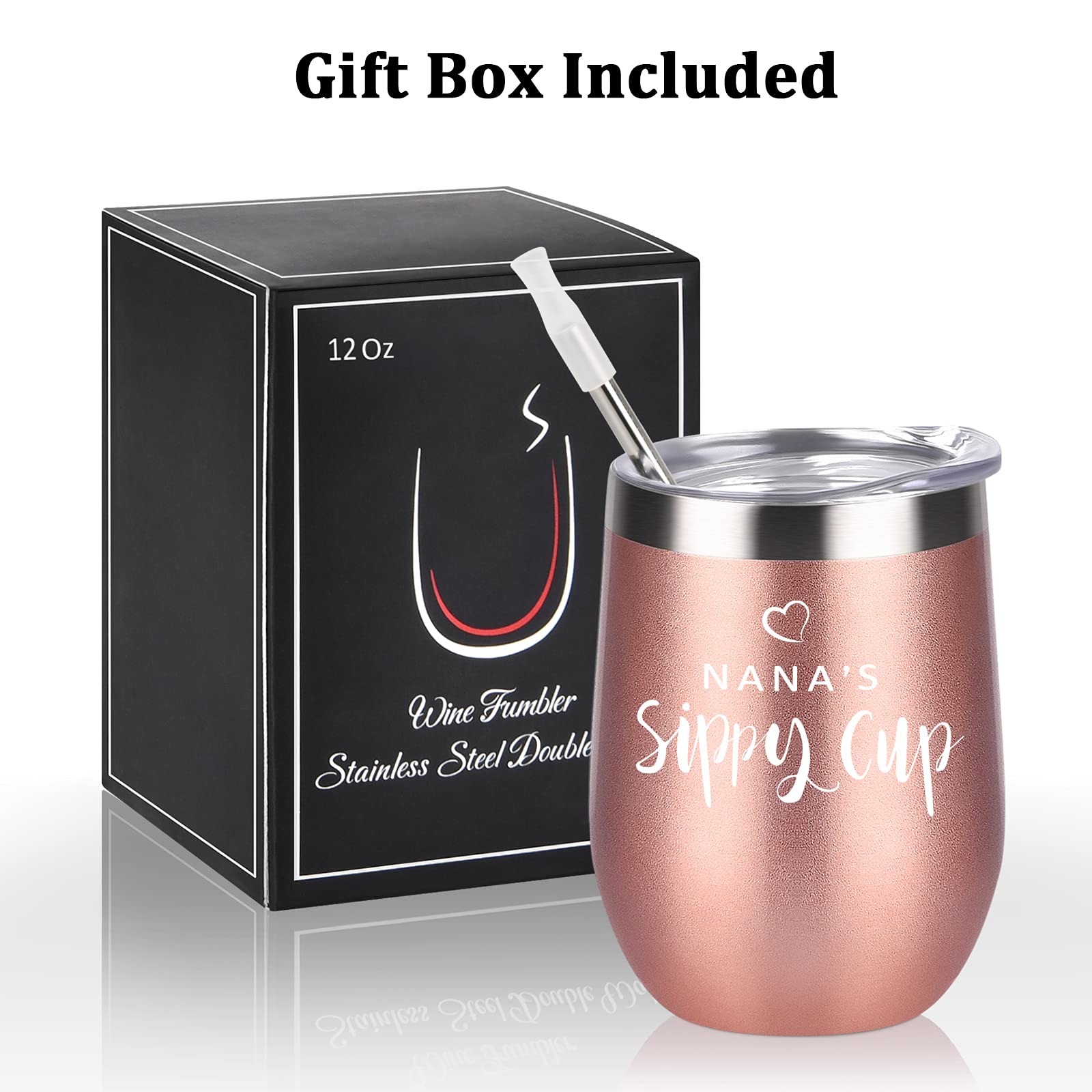 Nana Gifts, Nana's Sippy Cup Wine Tumbler with Lid, Christmas Mothers Day Gifts for Grandma Nana Grandmother New Nana Mimi Women Birthday, Insulated Stainless Steel Stemless Tumbler (12Oz, Rose Gold)