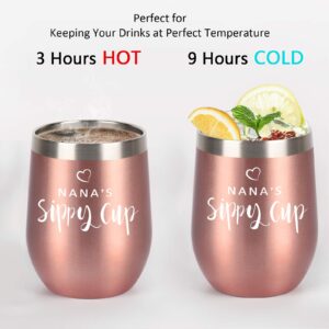 Nana Gifts, Nana's Sippy Cup Wine Tumbler with Lid, Christmas Mothers Day Gifts for Grandma Nana Grandmother New Nana Mimi Women Birthday, Insulated Stainless Steel Stemless Tumbler (12Oz, Rose Gold)