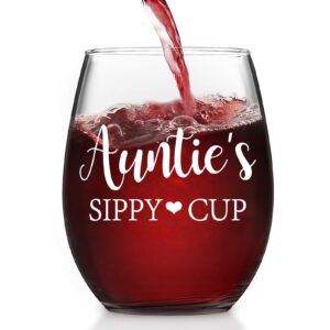 auntie's sippy cup wine glass, aunt stemless wine glass 15oz for women aunts, auntie gift from niece, nephew