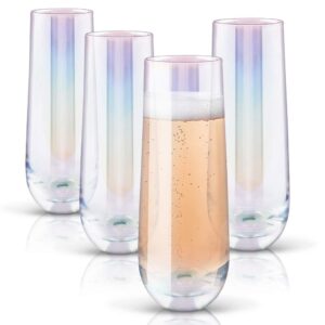 gutsdoor radiance white pearl luster stemless champagne flutes glasses set of 4 (10 ounce) elegant all-purpose wine drinking glassware beverage cups for water, juice, beer, whiskey & bar decor