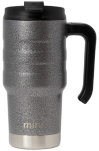 mira 20 oz stainless steel insulated travel car mug - spill proof twist on flip lid & easy to hold handle - double wall vacuum insulated coffee & tea mug keeps hot or cold - metallic gray