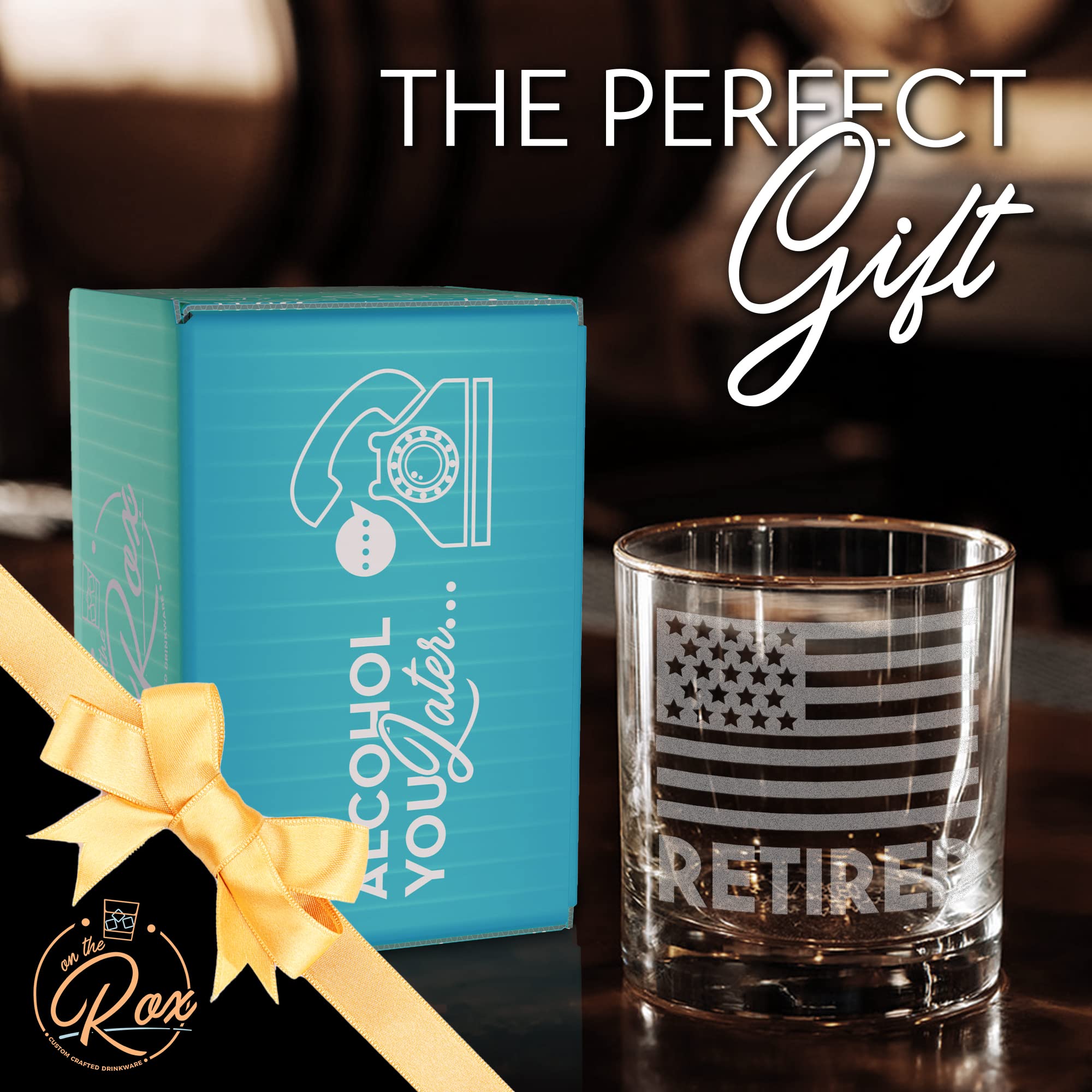 On The Rox Retirement Gifts For Men and Women - Permanently Engraved 11 oz Glass - USA Flag Glass Military Retirement Gift Idea- Wish A Happy Retirement for Army/Navy/Airforce/Marines/Coast Guard