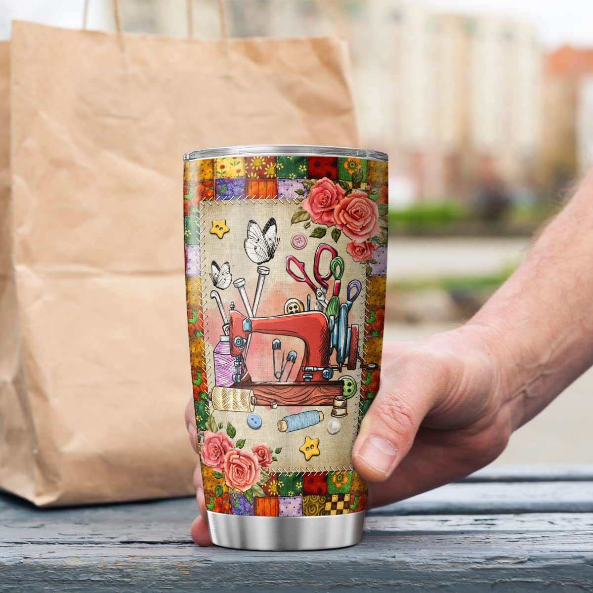 9SUNFLOWER Sewing Coffee Tumbler Fabric Machinist Mothers Day Birthday Gifts For Women Wife Mom Travel Mug With Lid Insulated Drinking Cups Cold Steel Tumblers Kitchen Decorations