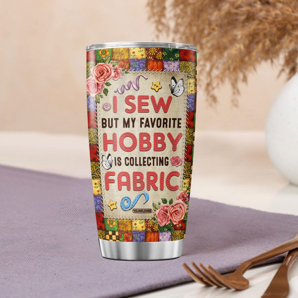 9SUNFLOWER Sewing Coffee Tumbler Fabric Machinist Mothers Day Birthday Gifts For Women Wife Mom Travel Mug With Lid Insulated Drinking Cups Cold Steel Tumblers Kitchen Decorations