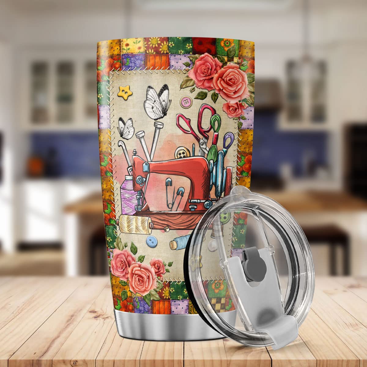 9SUNFLOWER Sewing Coffee Tumbler Fabric Machinist Mothers Day Birthday Gifts For Women Wife Mom Travel Mug With Lid Insulated Drinking Cups Cold Steel Tumblers Kitchen Decorations