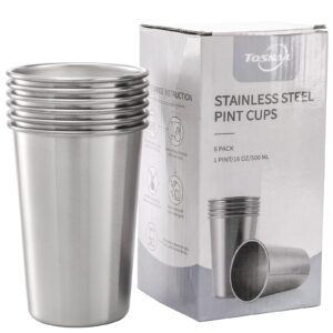 tosnail 6 pack 16 oz stainless steel pint cups metal cups unbreakable drinking glasses water tumblers for kids, adults indoor and outdoor use - silver