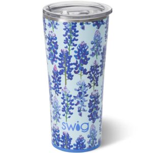 swig life 22oz tumbler, insulated coffee tumbler with lid, cup holder friendly, dishwasher safe, stainless steel, large travel mugs insulated for hot and cold drinks (bluebonnet)