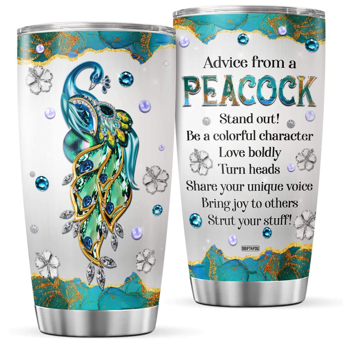 9GIFT4YOU Peacocks Jewelry Style Coffee Tumbler Cute Birthday Gifts For Girls Friends Women Travel Mug With Lid Insulated Cups Inspirational Quote Hot And Cold Drinks Tumblers