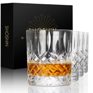 shoshin premium hand cut whiskey glasses (13 oz, set of 4) - handmade double old fashioned scotch glasses - gift for bourbon lovers - style glassware for rum - 4 rocks glasses in gift box
