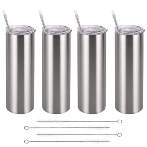 qtencas stainless steel skinny tumbler set, insulated travel tumbler with closed lid straw, skinny insulated tumbler, 20 oz slim water tumbler cup for coffee water hot cold drinks, set of 4, silver