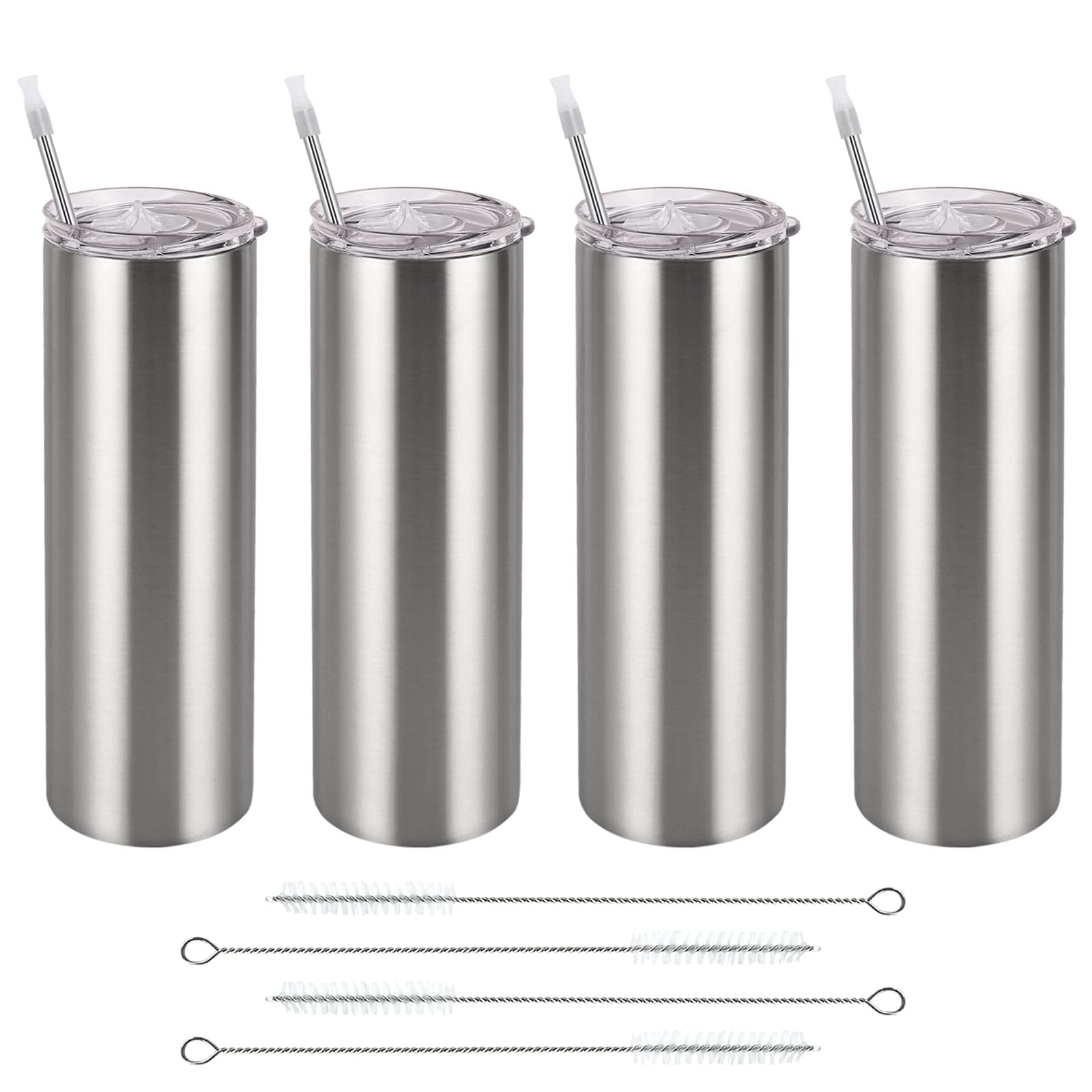 Qtencas Stainless Steel Skinny Tumbler Set, Insulated Travel Tumbler with Closed Lid Straw, Skinny Insulated Tumbler, 20 Oz Slim Water Tumbler Cup for Coffee Water Hot Cold Drinks, Set of 4, Silver