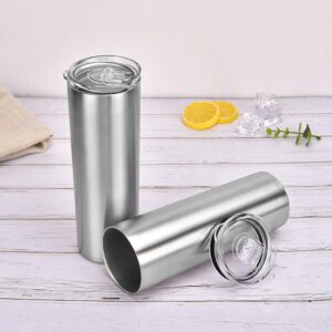 Qtencas Stainless Steel Skinny Tumbler Set, Insulated Travel Tumbler with Closed Lid Straw, Skinny Insulated Tumbler, 20 Oz Slim Water Tumbler Cup for Coffee Water Hot Cold Drinks, Set of 4, Silver