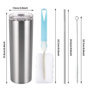 Qtencas Stainless Steel Skinny Tumbler Set, Insulated Travel Tumbler with Closed Lid Straw, Skinny Insulated Tumbler, 20 Oz Slim Water Tumbler Cup for Coffee Water Hot Cold Drinks, Set of 4, Silver