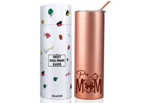onebttl pug gifts, dog lover gifts, gifts for dog mom, dog owner, women, girls, friends, daughters, coworkers, 20oz skinny tumbler, pug mom, rose gold