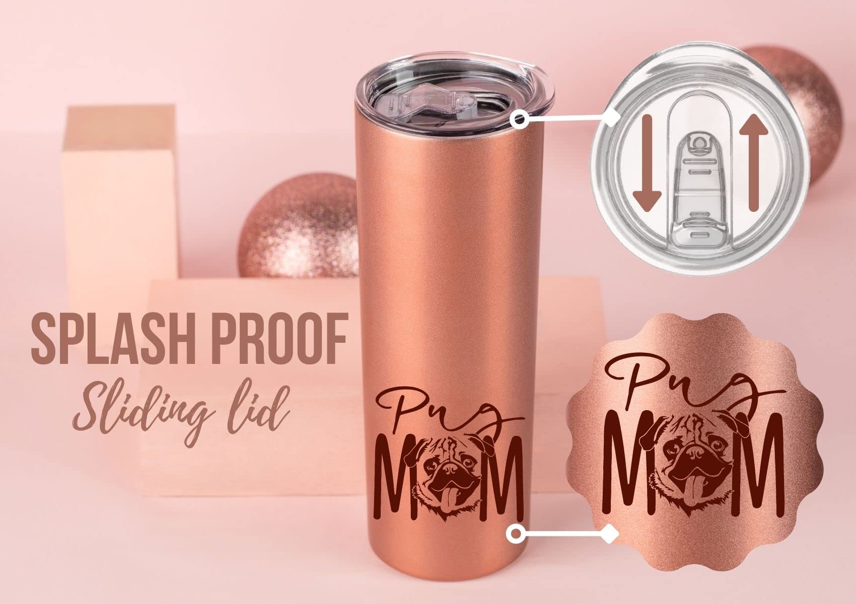 Onebttl Pug Gifts, Dog Lover Gifts, Gifts for Dog Mom, Dog Owner, Women, Girls, Friends, Daughters, Coworkers, 20Oz Skinny Tumbler, Pug Mom, Rose Gold