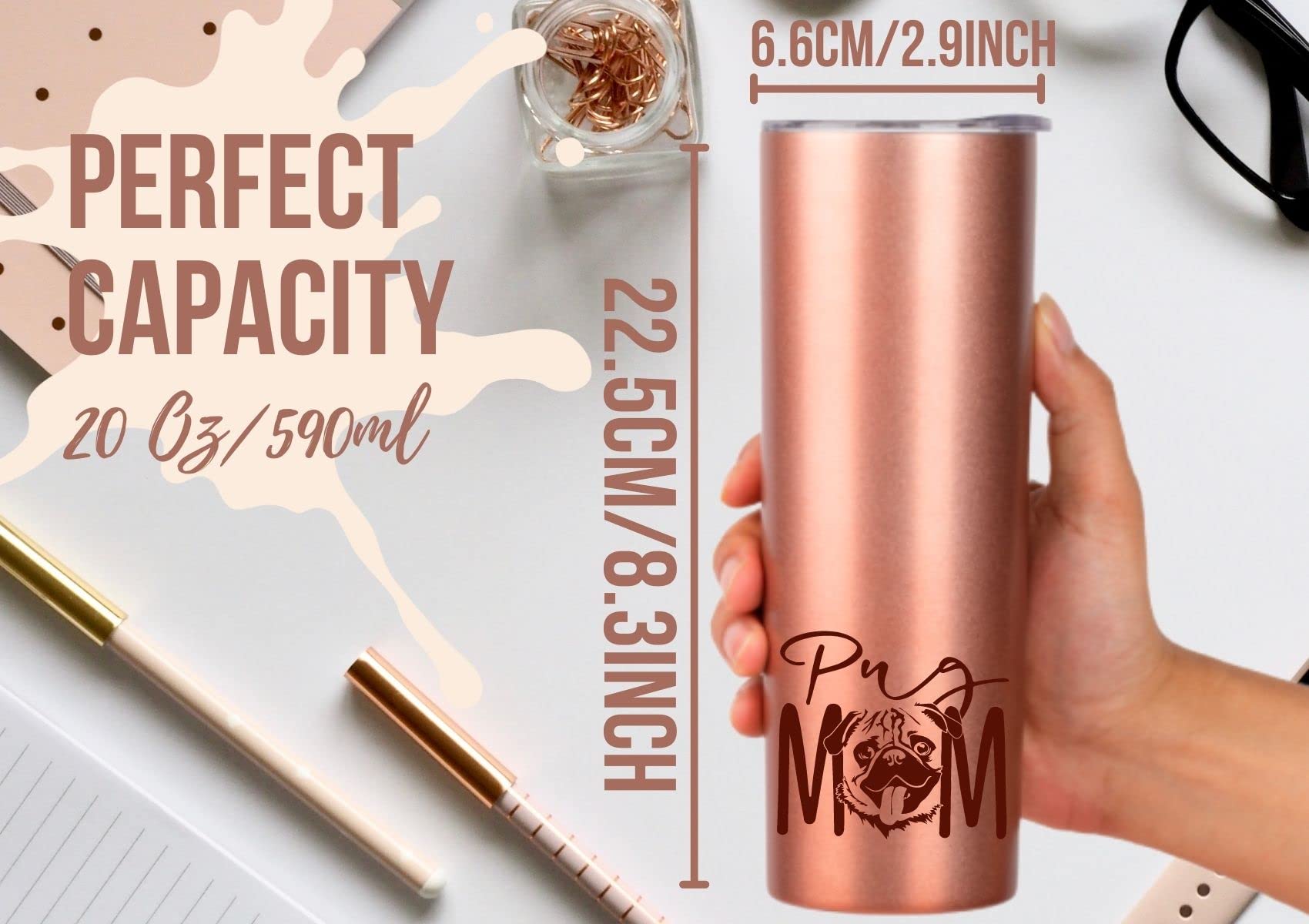 Onebttl Pug Gifts, Dog Lover Gifts, Gifts for Dog Mom, Dog Owner, Women, Girls, Friends, Daughters, Coworkers, 20Oz Skinny Tumbler, Pug Mom, Rose Gold