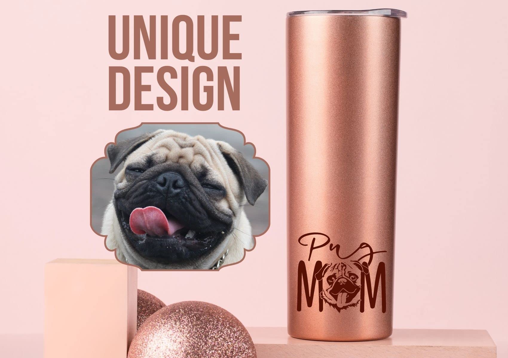 Onebttl Pug Gifts, Dog Lover Gifts, Gifts for Dog Mom, Dog Owner, Women, Girls, Friends, Daughters, Coworkers, 20Oz Skinny Tumbler, Pug Mom, Rose Gold