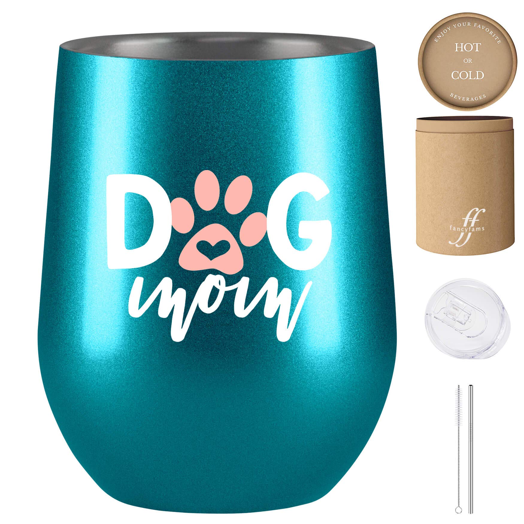 Fancyfams - Dog Mom - 12 oz Stainless Steel Wine Tumbler with Lid and Straw (Dog Mom -Turquoise)