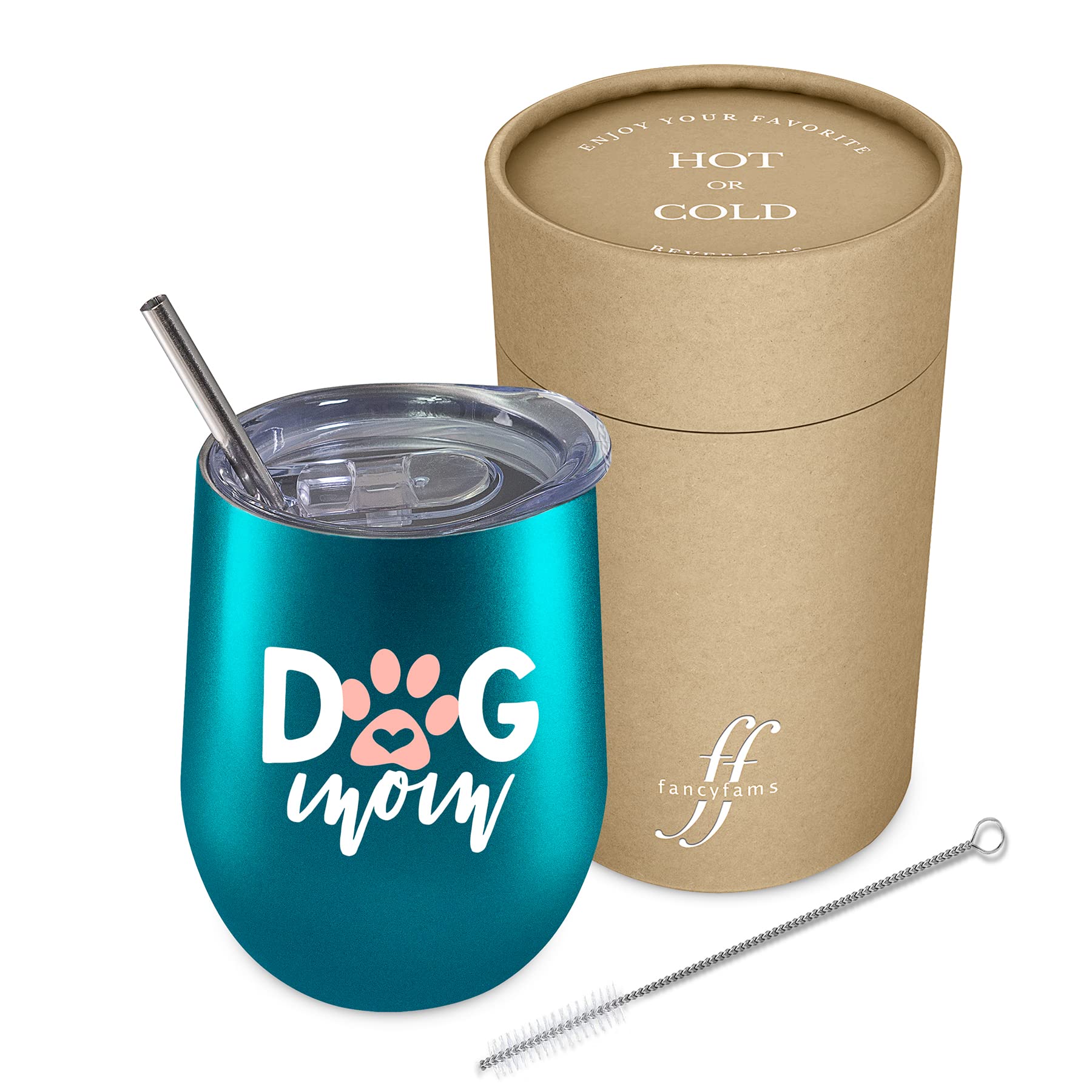 Fancyfams - Dog Mom - 12 oz Stainless Steel Wine Tumbler with Lid and Straw (Dog Mom -Turquoise)