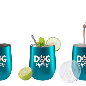 Fancyfams - Dog Mom - 12 oz Stainless Steel Wine Tumbler with Lid and Straw (Dog Mom -Turquoise)