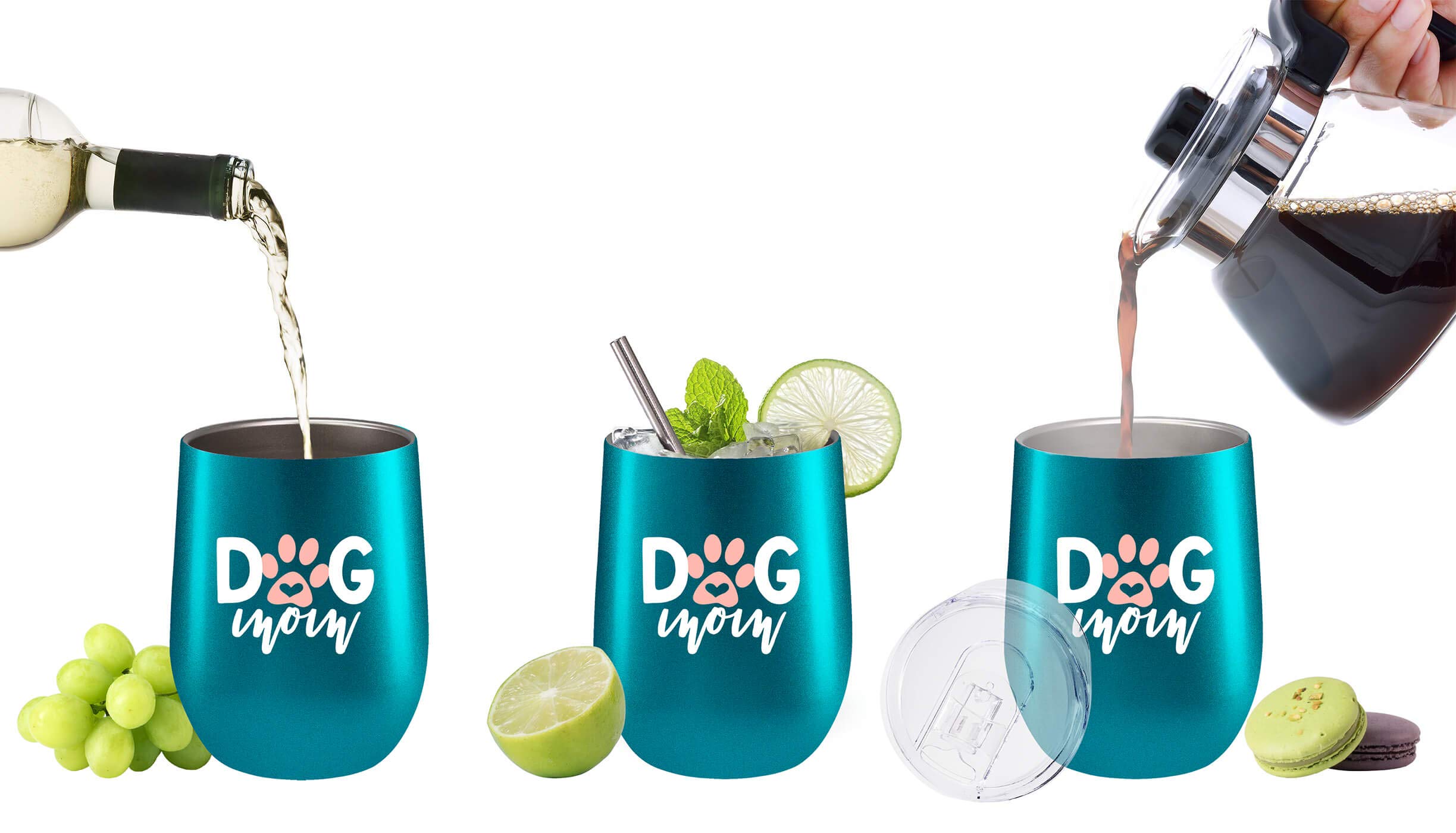 Fancyfams - Dog Mom - 12 oz Stainless Steel Wine Tumbler with Lid and Straw (Dog Mom -Turquoise)