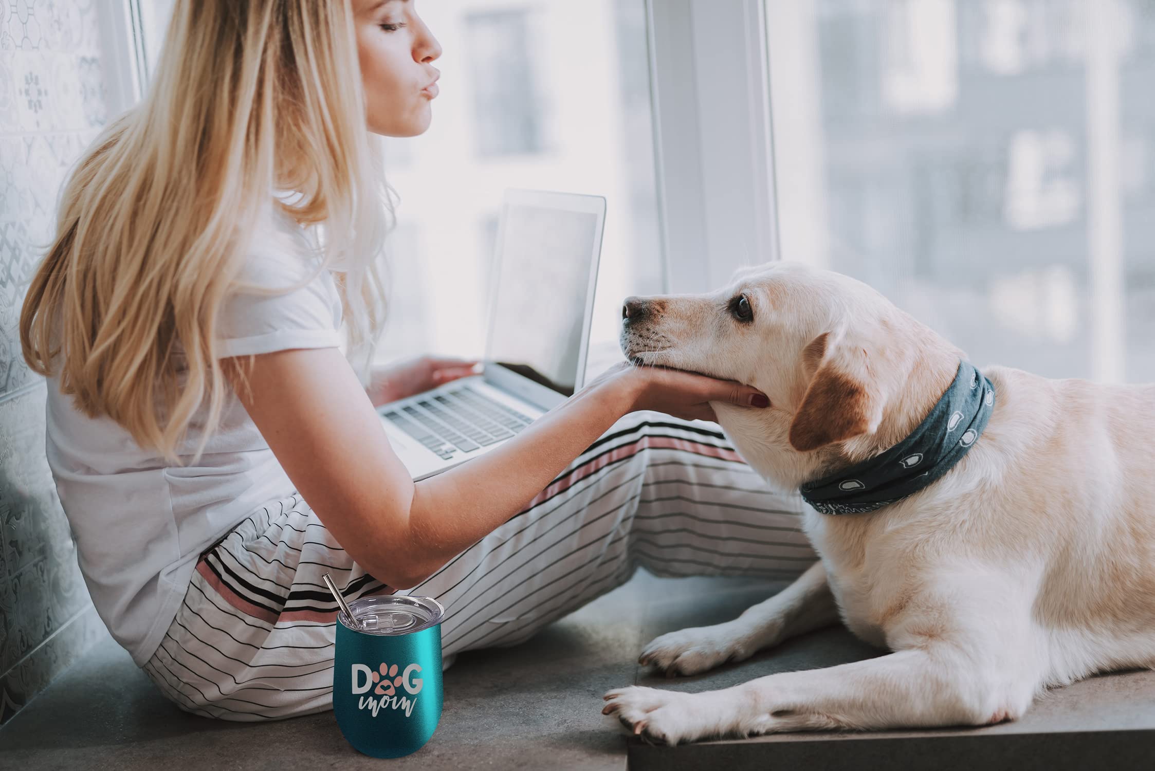 Fancyfams - Dog Mom - 12 oz Stainless Steel Wine Tumbler with Lid and Straw (Dog Mom -Turquoise)