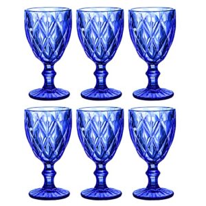 heng river colored wine glasses, water glass goblets, glass drinkware sets, vintage water glass cups, embossed drinking glasses, stemmed glassware, 11 oz, set of 6 (blue)