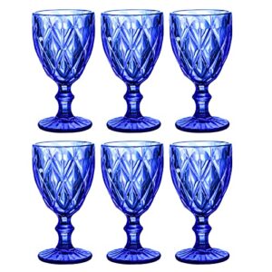 Heng River Colored Wine Glasses, Water Glass Goblets, Glass Drinkware Sets, Vintage Water Glass Cups, Embossed Drinking Glasses, Stemmed Glassware, 11 OZ, Set of 6 (blue)