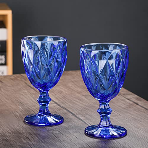 Heng River Colored Wine Glasses, Water Glass Goblets, Glass Drinkware Sets, Vintage Water Glass Cups, Embossed Drinking Glasses, Stemmed Glassware, 11 OZ, Set of 6 (blue)