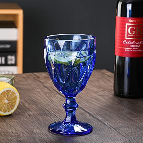 Heng River Colored Wine Glasses, Water Glass Goblets, Glass Drinkware Sets, Vintage Water Glass Cups, Embossed Drinking Glasses, Stemmed Glassware, 11 OZ, Set of 6 (blue)