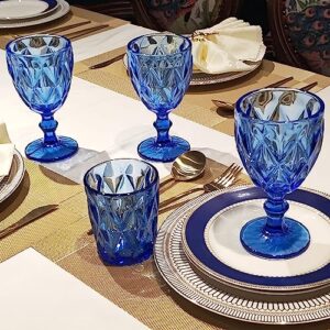Heng River Colored Wine Glasses, Water Glass Goblets, Glass Drinkware Sets, Vintage Water Glass Cups, Embossed Drinking Glasses, Stemmed Glassware, 11 OZ, Set of 6 (blue)