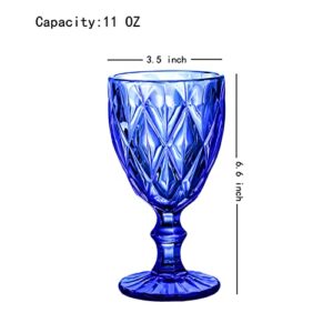 Heng River Colored Wine Glasses, Water Glass Goblets, Glass Drinkware Sets, Vintage Water Glass Cups, Embossed Drinking Glasses, Stemmed Glassware, 11 OZ, Set of 6 (blue)