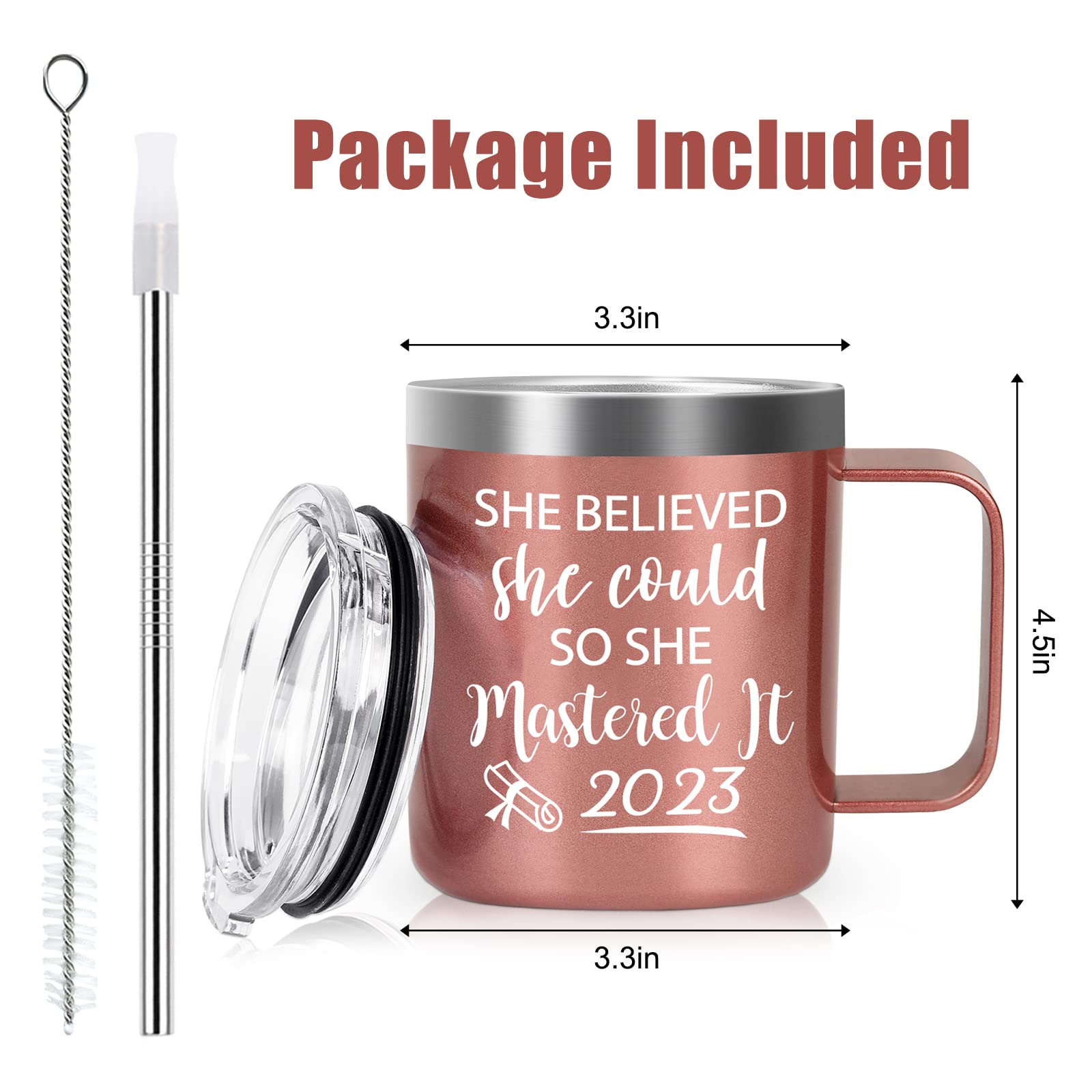 Lifecapido Graduation Gift, She Believed She Could So She Mastered It 2023 Stainless Steel Coffee Mug, Congratulations Gift Inspiritional Gift for Masters College High School Graduates, 12oz Rose Gold