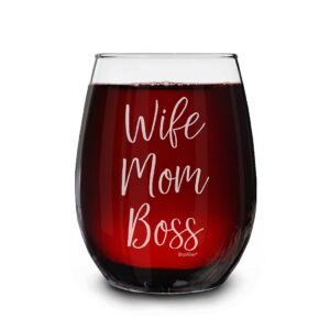 shop4ever wife mom boss laser engraved stemless wine glass ~ mother's day gift for new mommy birthday