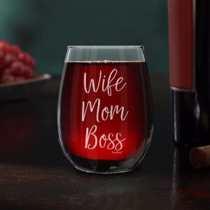 shop4ever Wife Mom Boss Laser Engraved Stemless Wine Glass ~ Mother's Day Gift for New Mommy Birthday