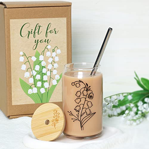 Nefelibata Lily of the Valley Iced Coffee Cup Birth Flower Beer Glass Can 16OZ Glass Drinking Cup with Bamboo Lid Metal Straw Cleaning Brush May Birth Flower Floral Decor Birthday Gift for Mom