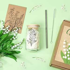 Nefelibata Lily of the Valley Iced Coffee Cup Birth Flower Beer Glass Can 16OZ Glass Drinking Cup with Bamboo Lid Metal Straw Cleaning Brush May Birth Flower Floral Decor Birthday Gift for Mom