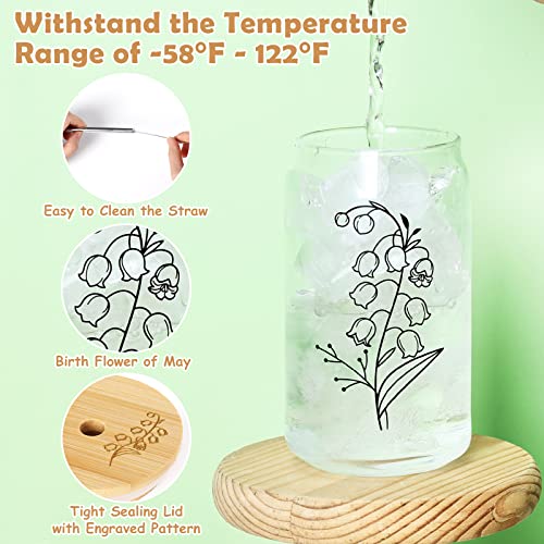 Nefelibata Lily of the Valley Iced Coffee Cup Birth Flower Beer Glass Can 16OZ Glass Drinking Cup with Bamboo Lid Metal Straw Cleaning Brush May Birth Flower Floral Decor Birthday Gift for Mom