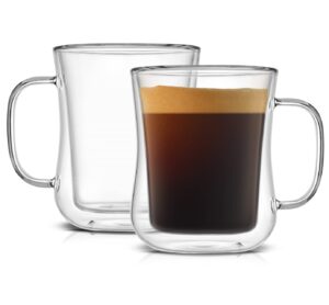 joyjolt double wall glass coffee mugs - 13.5oz diner coffee mug set of 2 glass coffee cups. insulated coffee mug, cappuccino cup, latte cup. glasses that don't sweat, clear mugs for hot beverages.