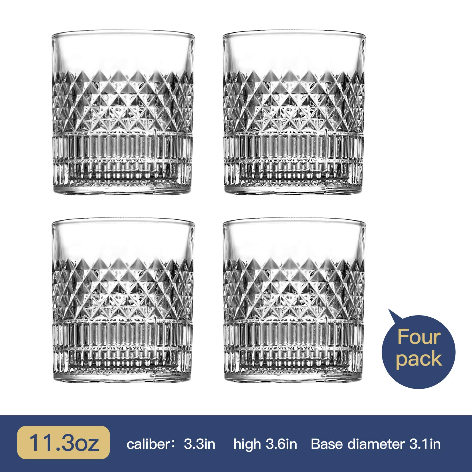 MSAAEX Whiskey Glasses Old Fashioned Whiskey Glass Barware for Scotch, Bourbon, Liquor and Cocktail Drinking for Men and Women - Set of 4