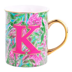 Lilly Pulitzer Initial Ceramic Coffee Mug, 14 Oz Tea Cup, Cute Mug with Gold Handle and Gift Box, K (Coming In Hot)